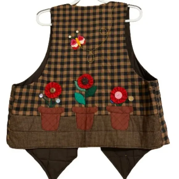 Women’s Handmade Multi Cat & Flower Plants Holiday/Christmas Plaid Vest Size- XL - Picture 3 of 4